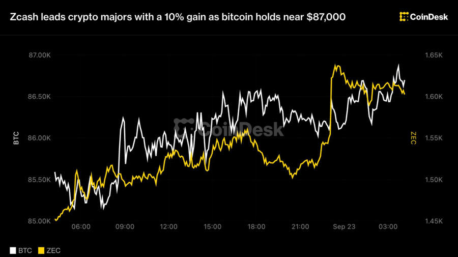 Zcash leads crypto majors with a 10% gain as bitcoin holds near $87,000