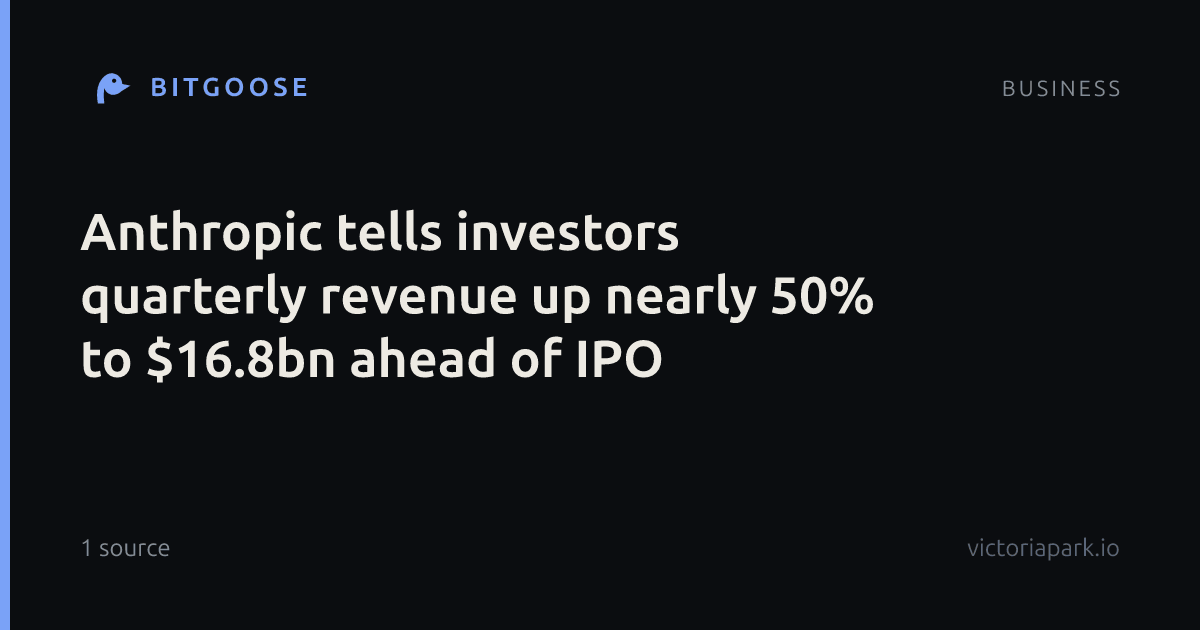 Anthropic tells investors quarterly revenue up nearly 50% to $16.8bn ahead of IPO