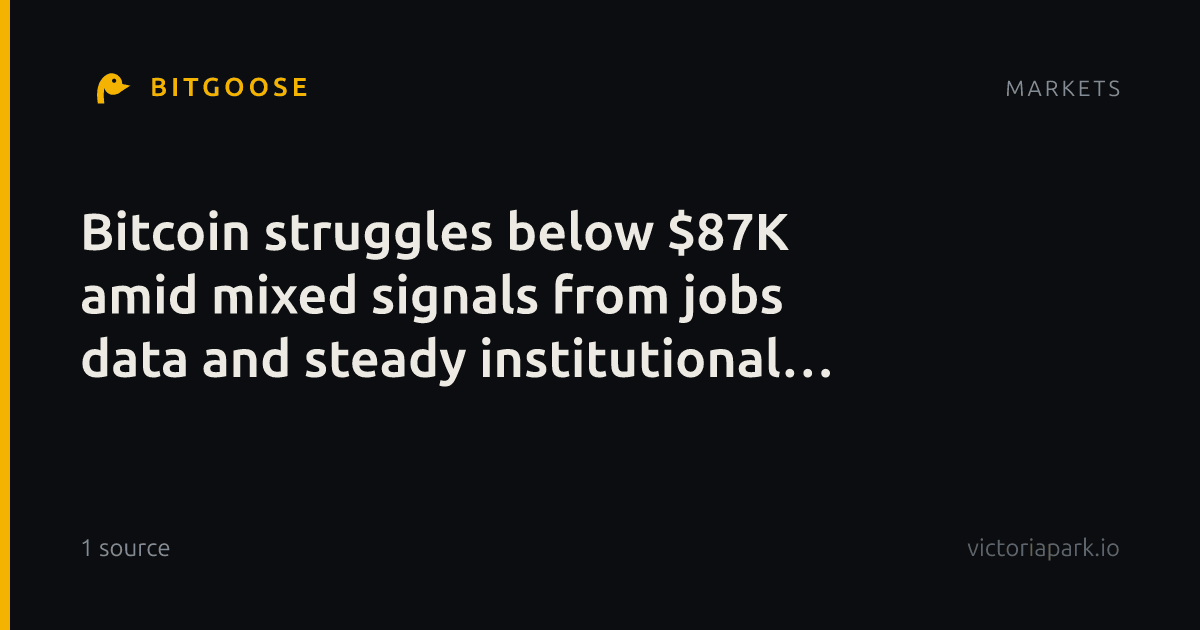 Bitcoin struggles below $87K amid mixed signals from jobs data and steady institutional buying.